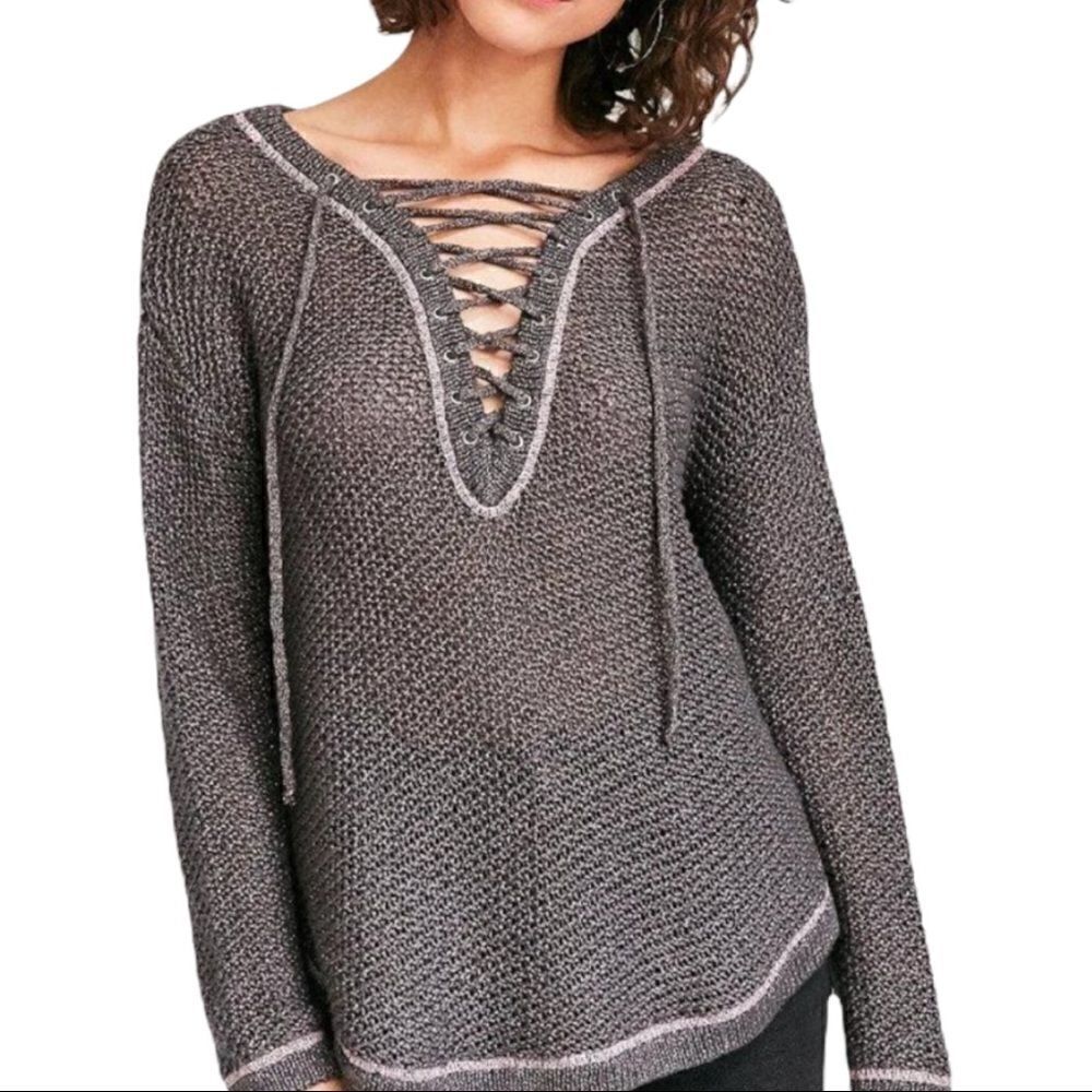 KIMCHI Blue Purple Metallic a lace Up Sweater Sz S